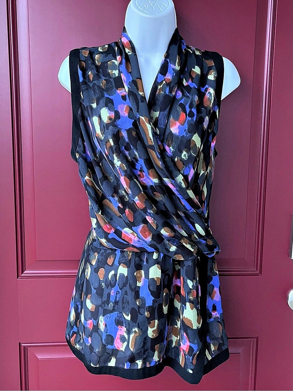 CAbi Abstract Draped Blouse in Black & Blue Size M - Like New